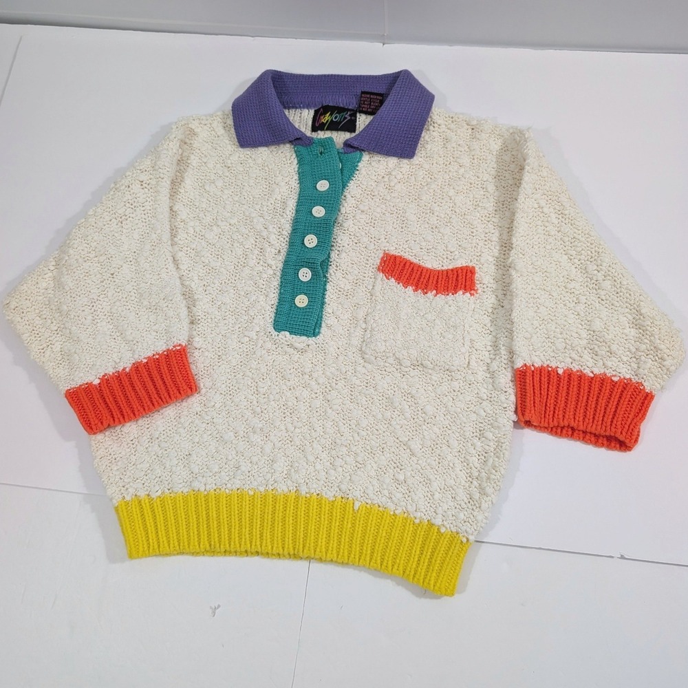 Vintage 80s Crayons Kids Popcorn Knit Colorblock Sweater Polo Pullover Size M